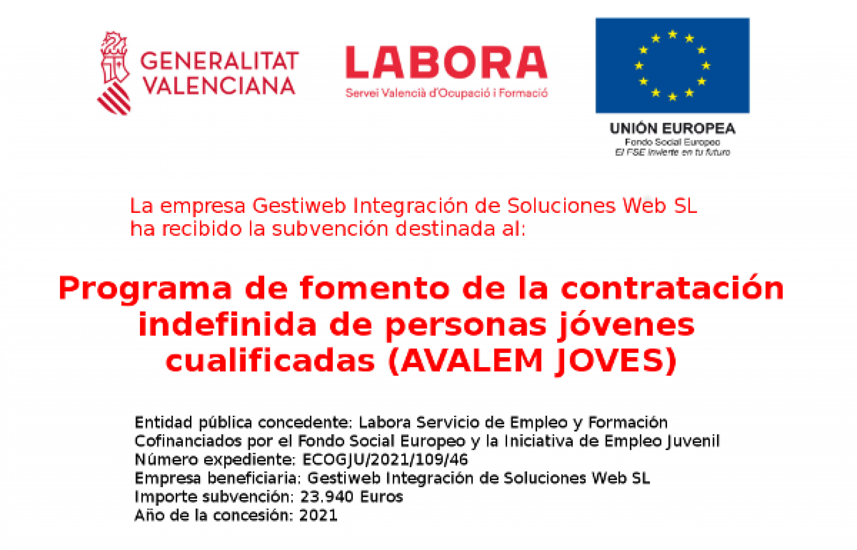 Gestiweb obtiene subvención de Labora de la Generalitat Valenciana