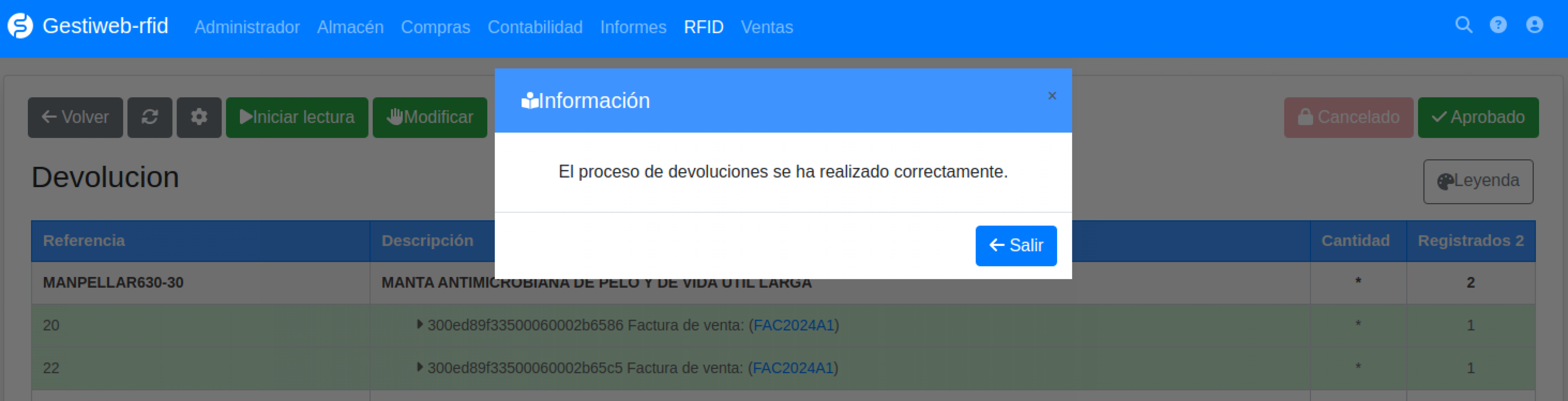 Software RFID lavandería confirmación comprobación devolución prendas defectuosas del lavado