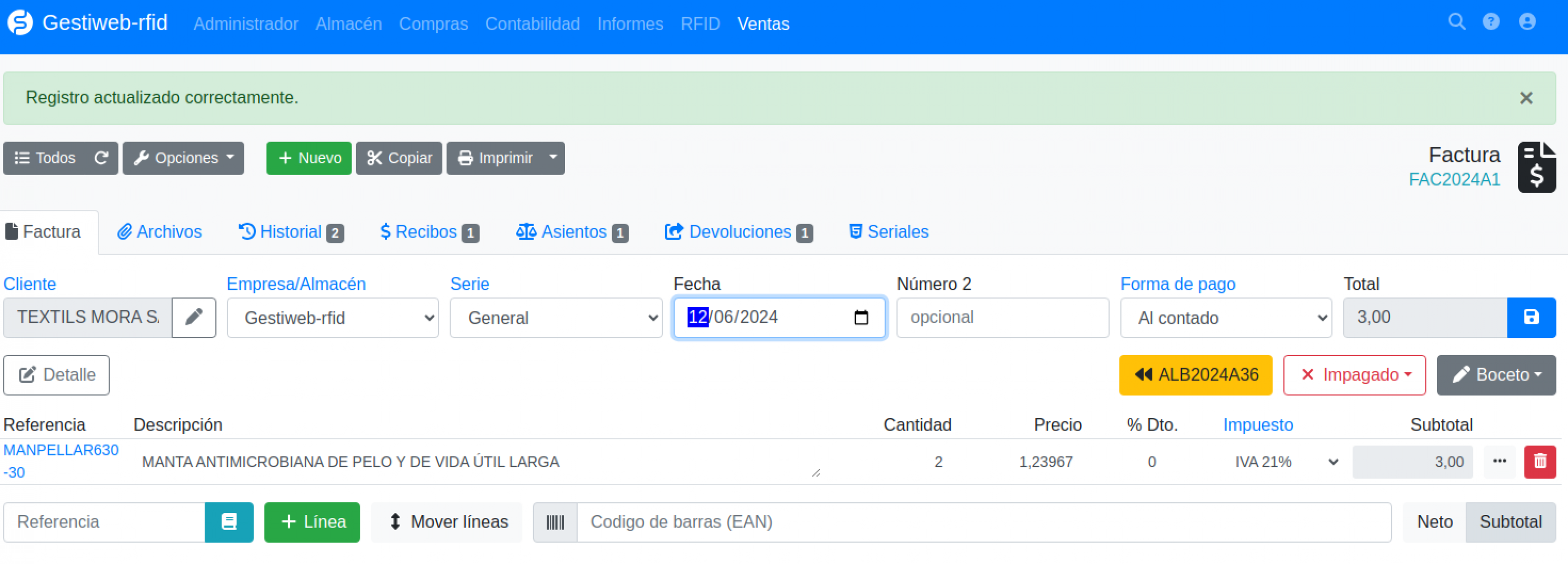 Software RFID lavandería emisión factura rectificativa prendas defectuosas del lavado