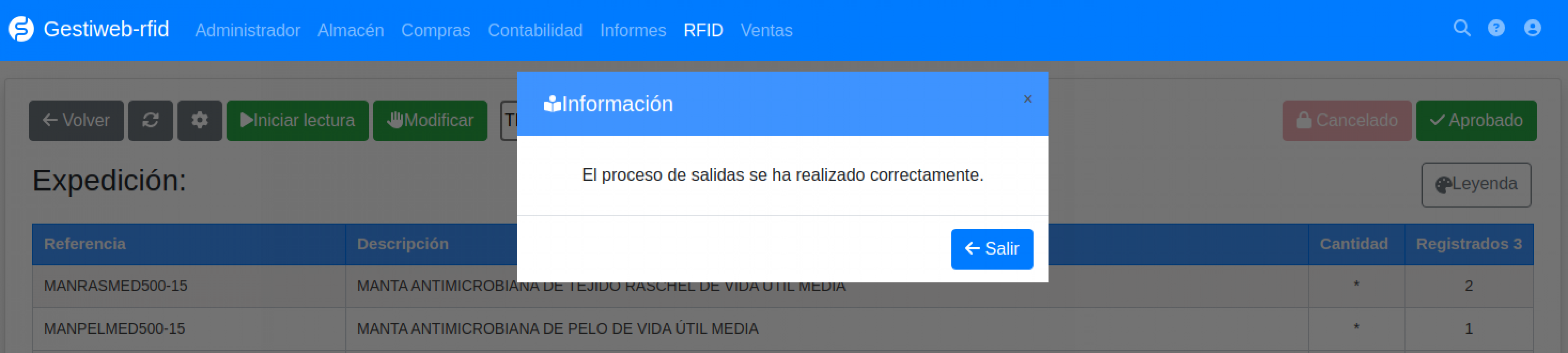 Software RFID lavandería comprobación correcta en salida manual