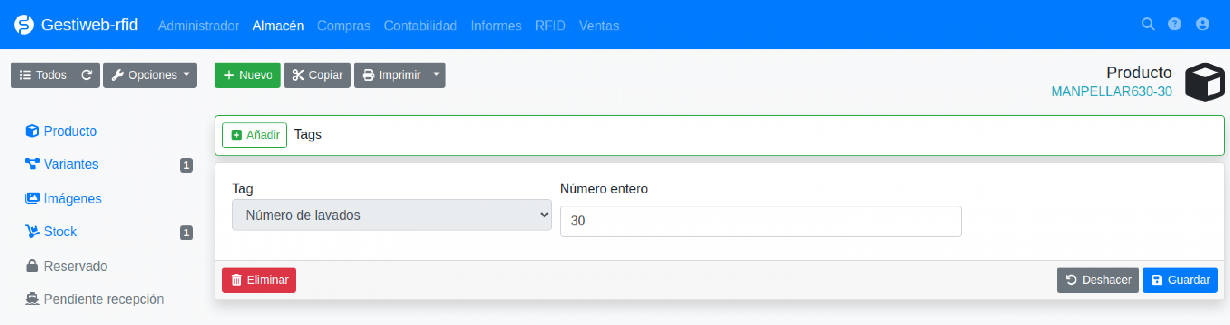 Software RFID número máximo lavados