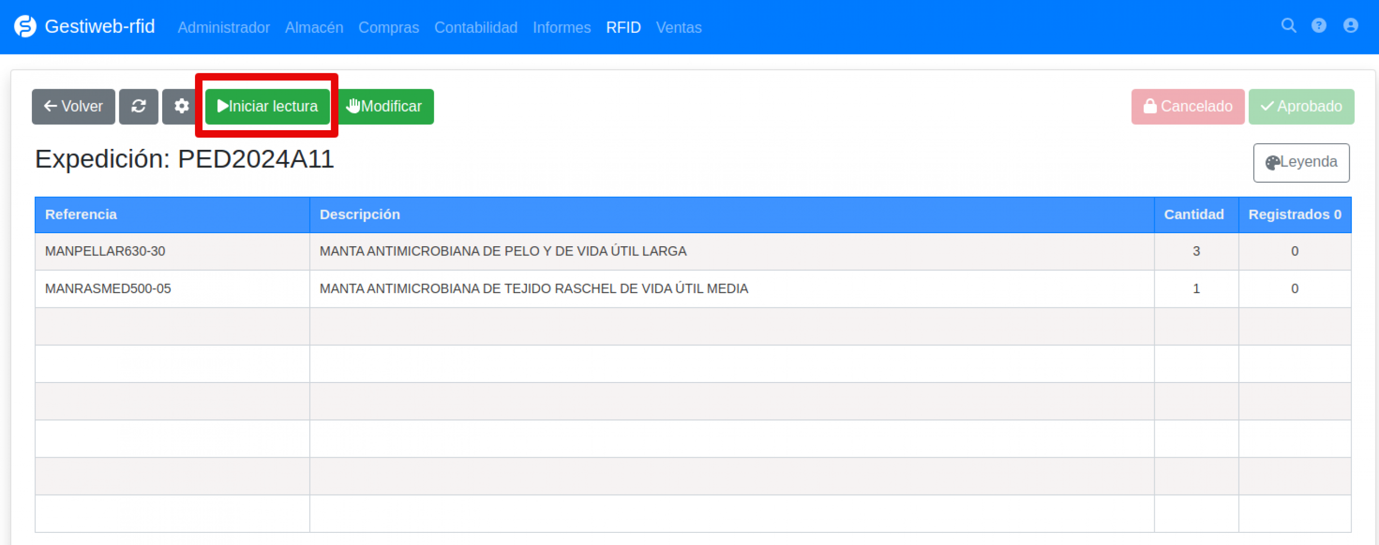 Software RFID lavandería vista de expedición