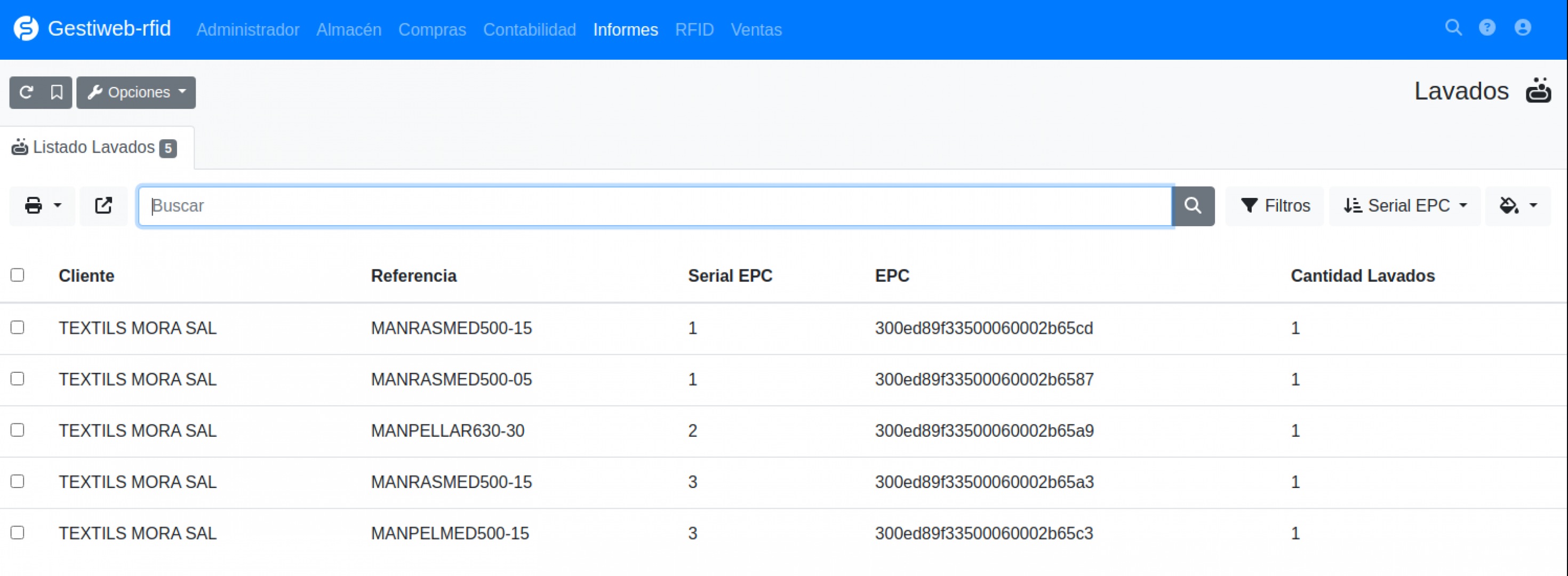 Software RFID informe de lavados